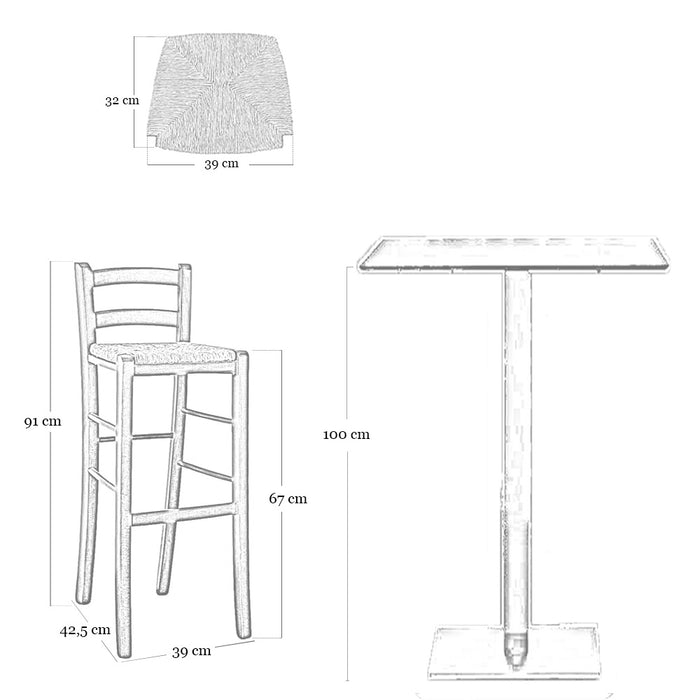 Sgabello snek in legno con seduta in paglia h 67 cm in noce scuro