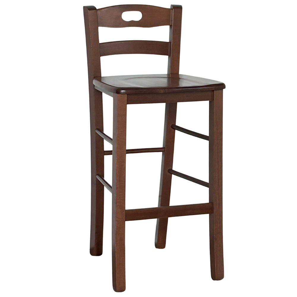 Sgabello di legno con schienale h66 cm con manico con seduta massello noce