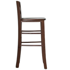 Sgabello di legno con schienale h66 cm con manico con seduta massello noce