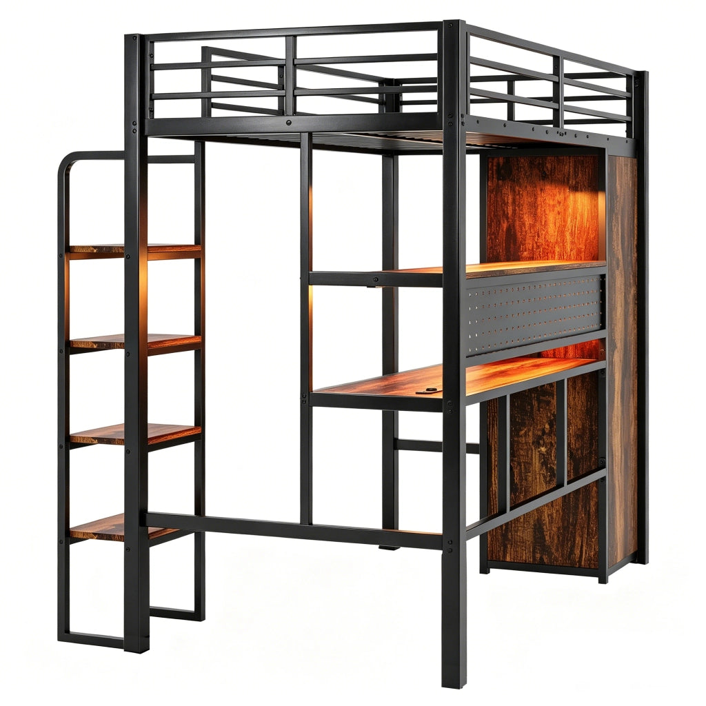 Letto a soppalco 90x200 cm con scrivania; armadio e LED in MDF e metallo nero