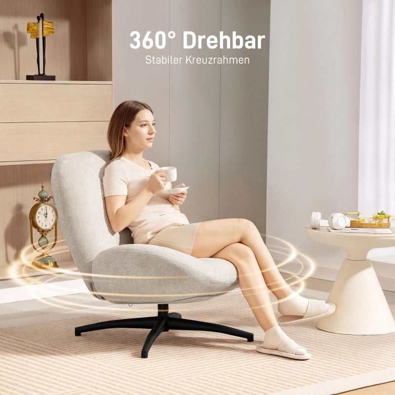 Poltrona girevole imbottita in tessuto Chenille, seduta relax con base in acciaio, bianco crema