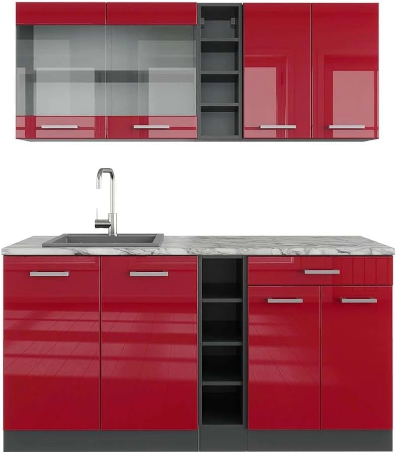 Cucina completa R-Line, Rosso lucido/antracite, 160 cm, PL Marmo, adatto per l'espansione individuale con moduli aggiuntivi