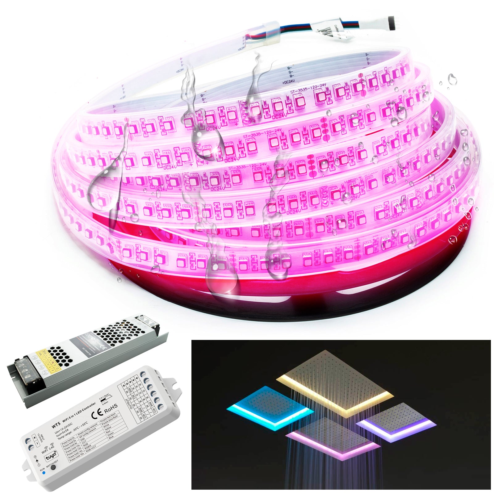KIT striscia LED IP67 24V RGB 5 metri giochi di luce cromoterapia box doccia sauna WiFi controllo vocale Alexa Google