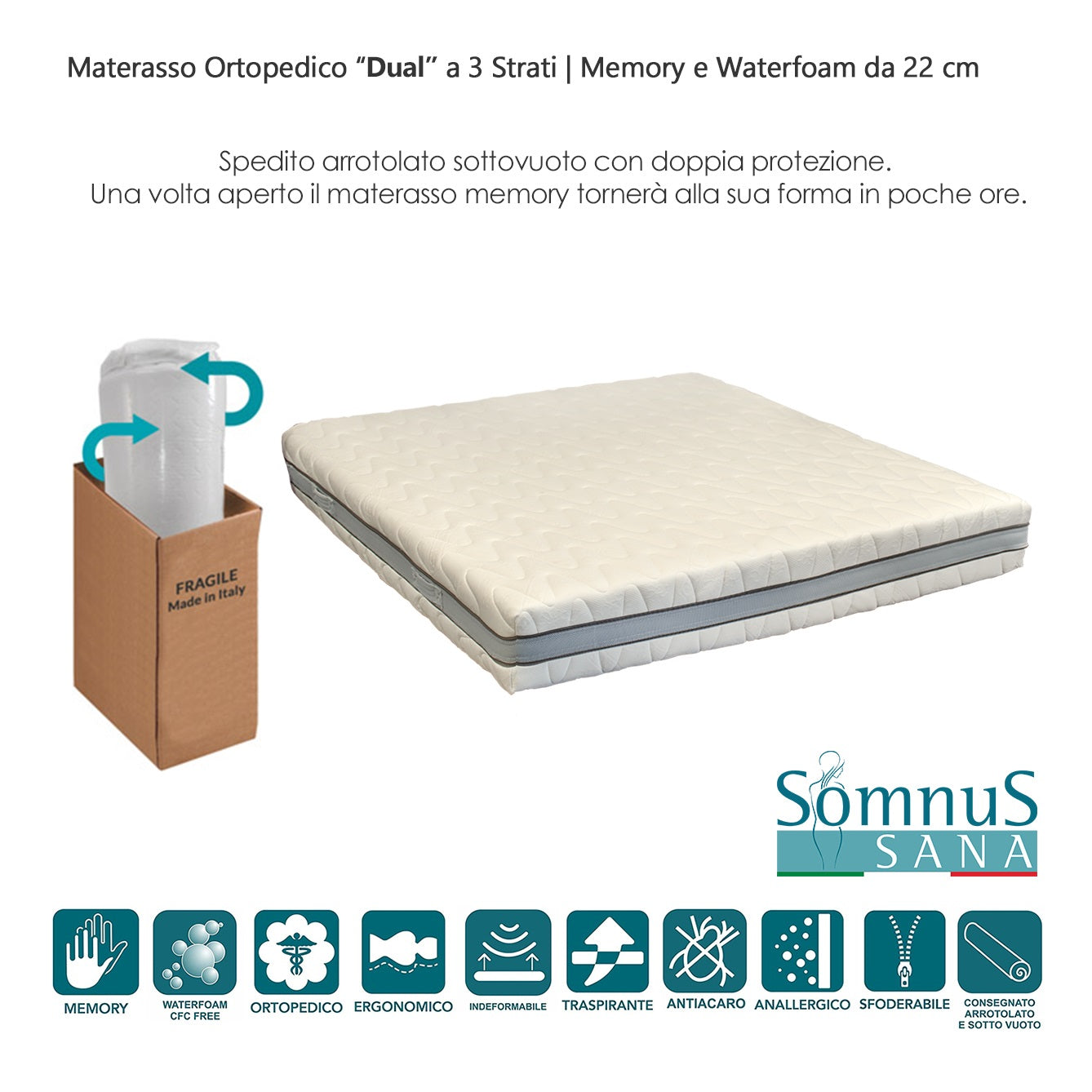 Materasso Matrimoniale in Memory Foam 175x195 H22cm ortopedico Rigidità  Media Sfoderabile e spedito sottovuoto Oeko-Tex