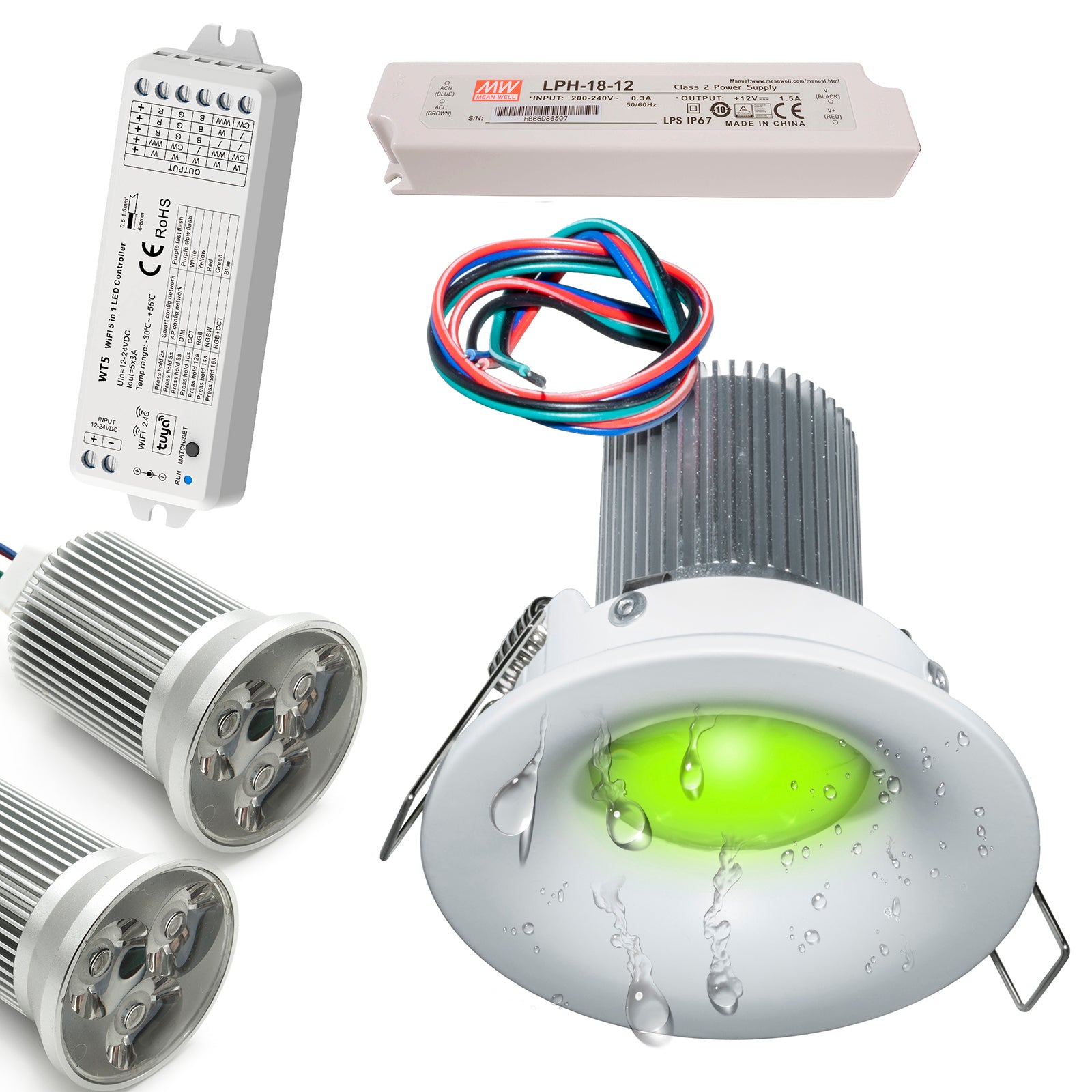 Faretti IP65 cromoterapia incasso box doccia sauna LED 18W 12V RGB KIT 2pz controller WiFi centralina Alexa Google TONDO