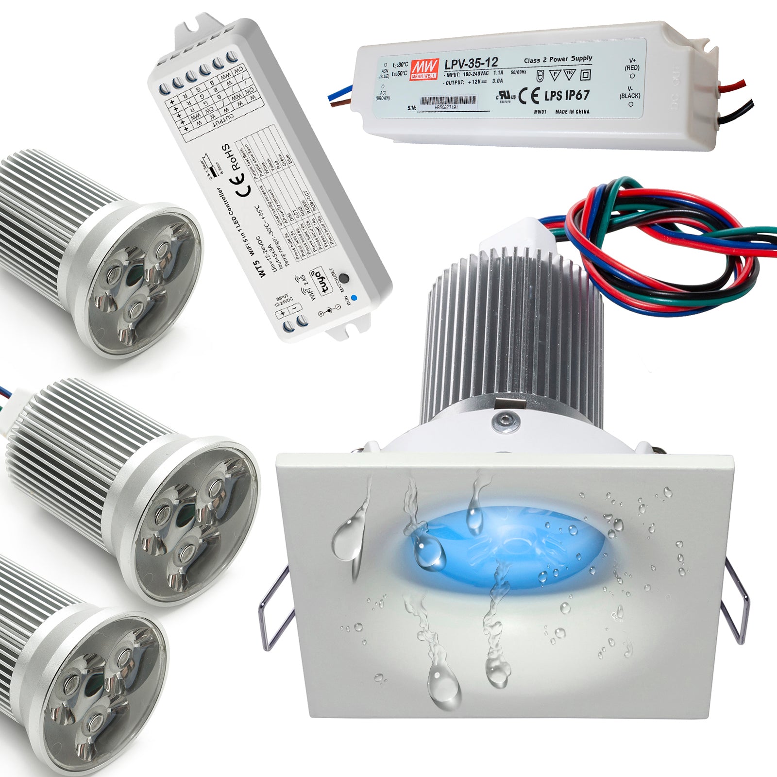 KIT 3 faretti cromoterapia LED RGB IP65 incasso box doccia 27W 12V centralina smart WiFi google alexa sauna QUADRATO