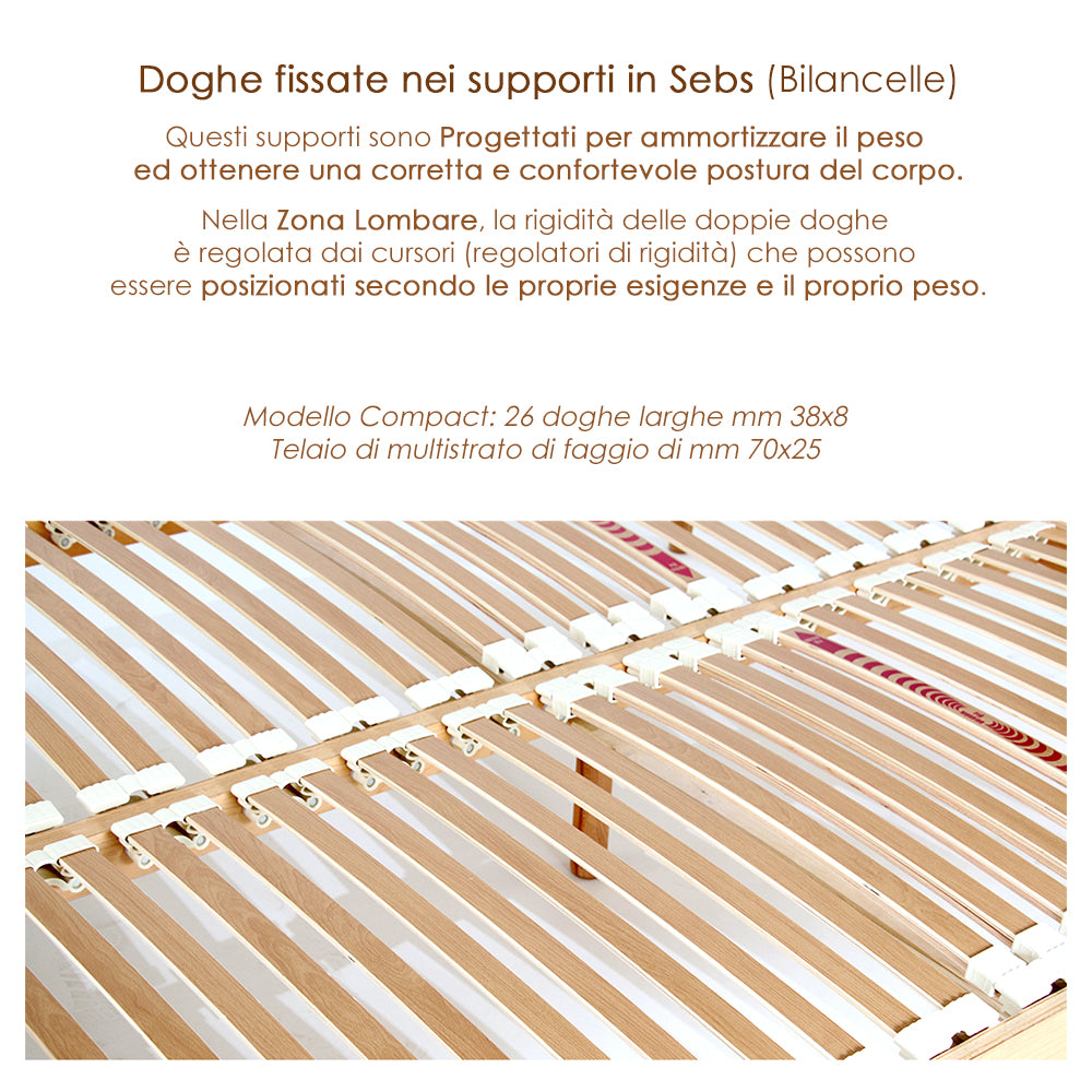 Rete letto in legno 100x185 h 52 cm Singola 26 doghe basculanti in Faggio 100%