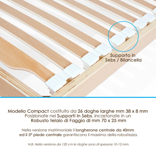 Rete Ortopedica in Legno di Faggio 125x185 Singola Alta 37cm 26 doghe Alzata Testa Piedi
