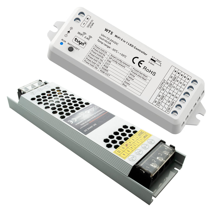 KIT Striscia LED 100W 24V luce multicolore RGB CCT da 3000K-6000K centralina WiFi SMART Alexa GoogleAPP sound control 5m