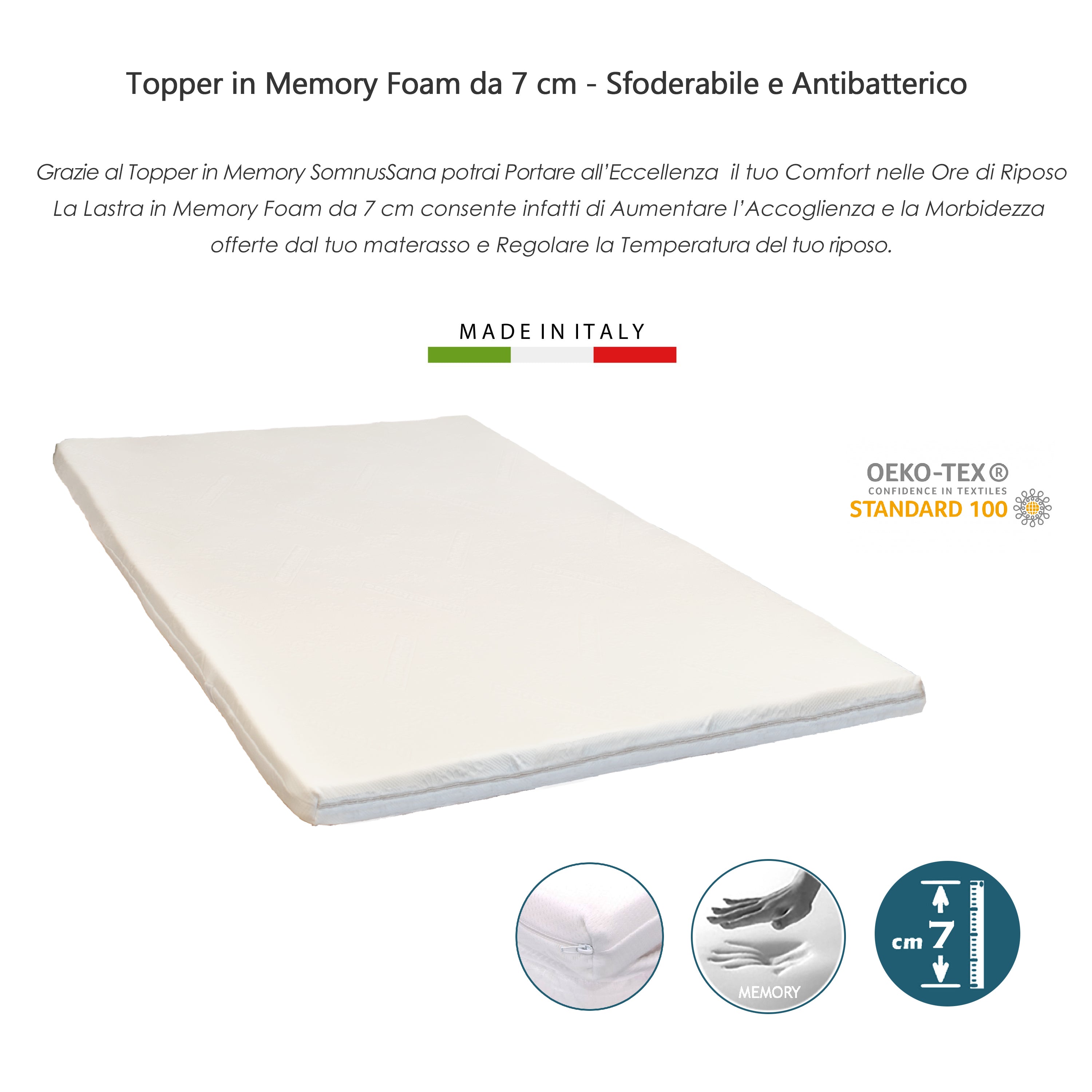 Topper Correttore Materasso singolo Memory 75x195 H7 Ortopedico Rigidità  media Sottovuoto Oeko-Tex