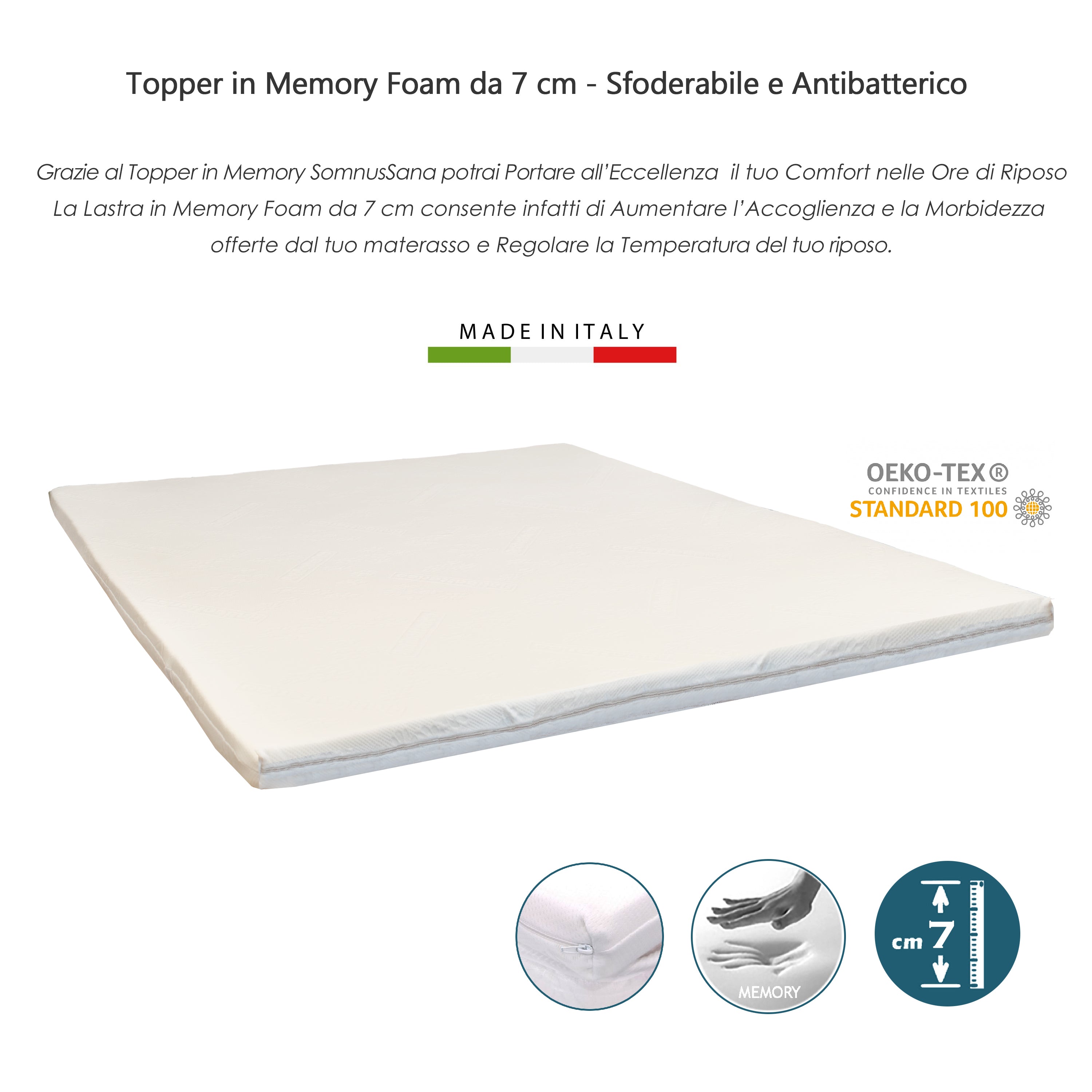 Topper Correttore Materasso 120x190 in Memory Una piazza e mezza Ortopedico Ipoallergenico 120x190 cm H7