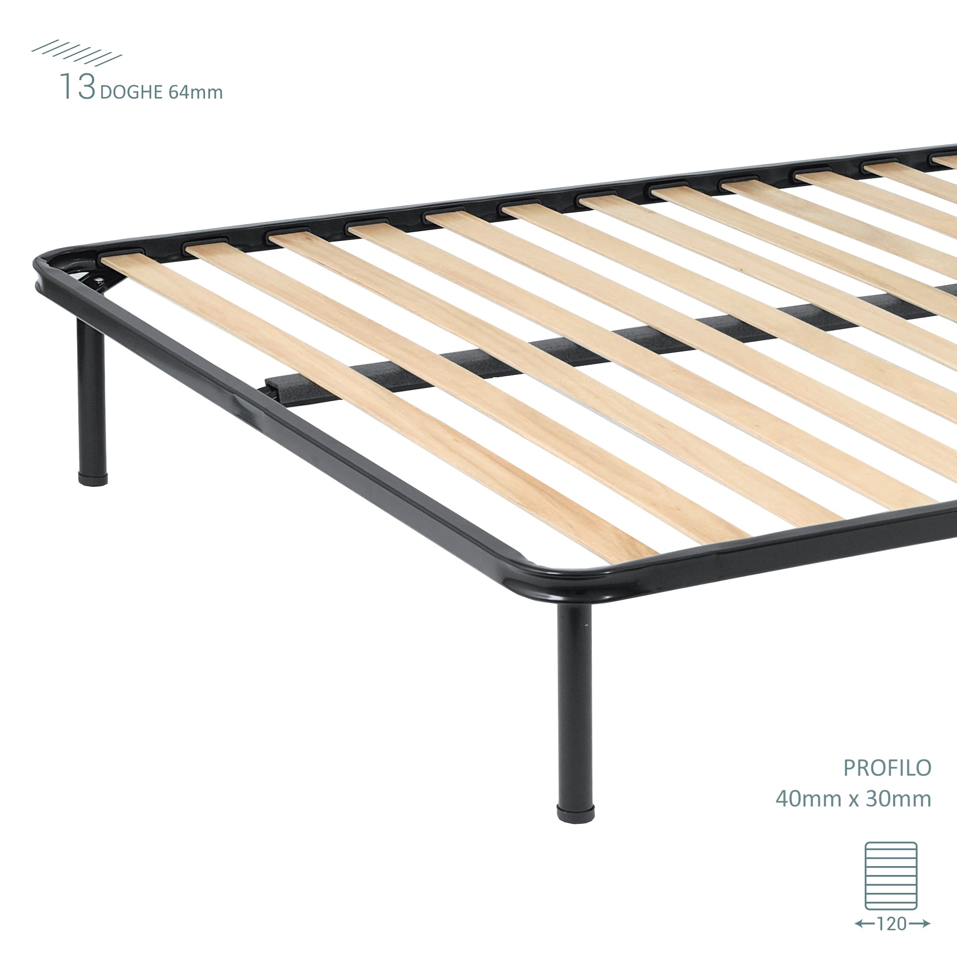 Rete in Ferro con 4 Piedi e 13 Doghe in Legno cm Letto 120x190 H35 x materasso Una Piazza e mezza 