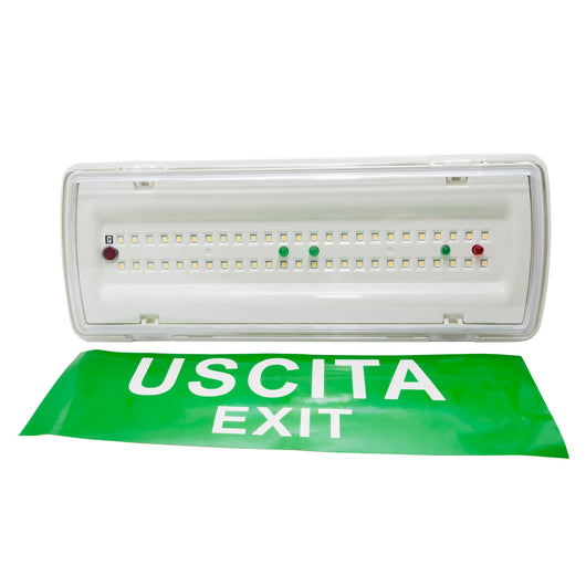 Lampada emergenza parete LED 3.5W esterni IP65 luce anti black out autonomia 3 ore exit uscita ufficio negozio casa 230V