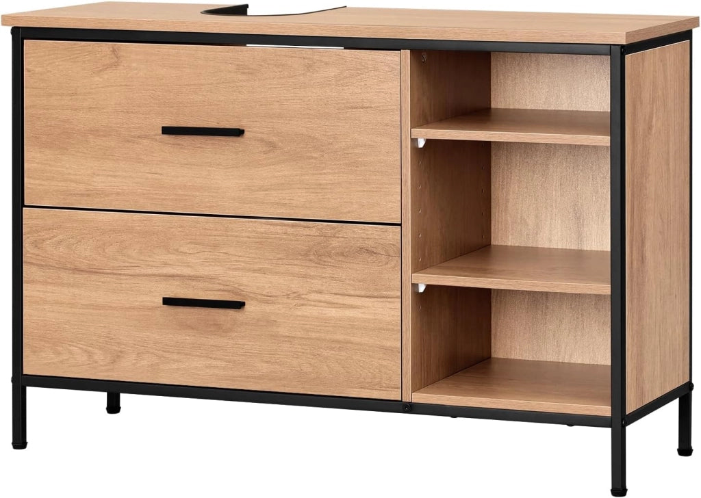 Mobiletto Bagno, Mobiletto Portaoggetti, Mobile Sottolavello da Bagno con 2 Cassetti e 3 Vani a Giorno, Struttura in Metallo, Rovere Chiaro - Nero, 90x30x60 cm