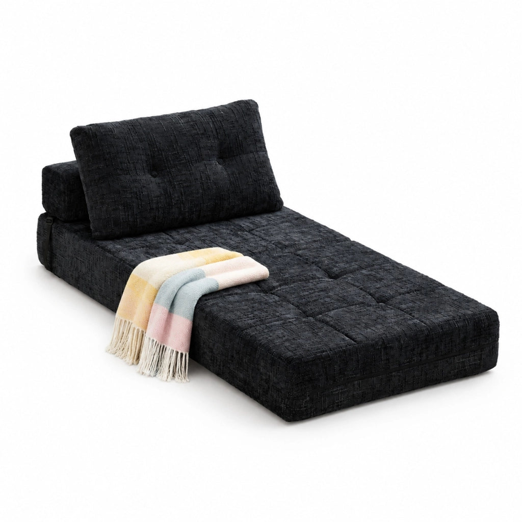 Divano letto pieghevole 79x180 cm in chenille nero con cuscini testa e lombari