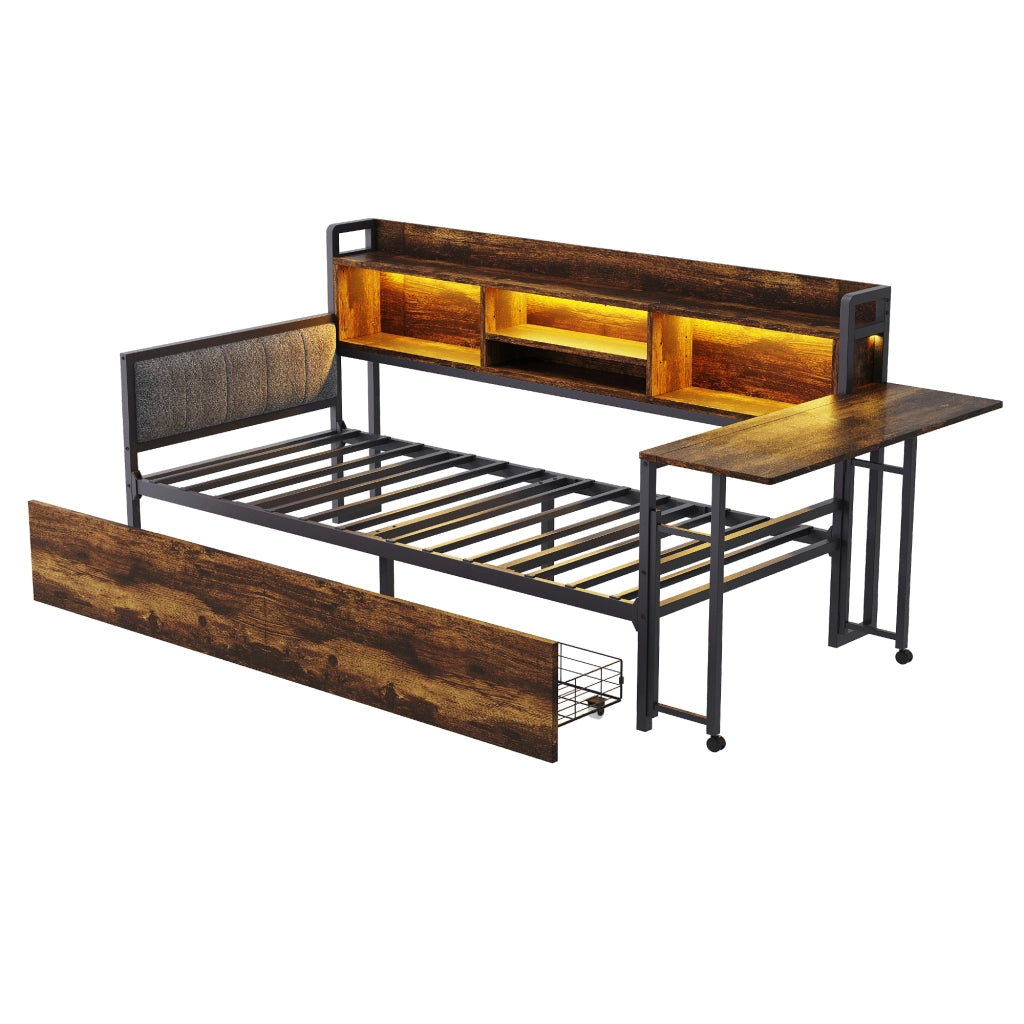 Letto multifunzione 90x200 cm in metallo con scrivania estraibile, LED, spazio contenitore e 2 cassetti, colore legno naturale