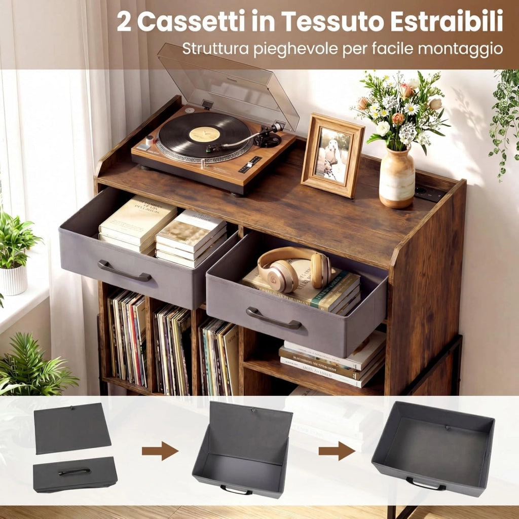 Supporto per Giradischi in Vinile, Mobile per Giradischi con Stazione di Ricarica, 2 Cassetti Rimovibili in Tessuto e Ripiano Regolabile, Supporto Porta Dischi Vinile per Soggiorno, Studio