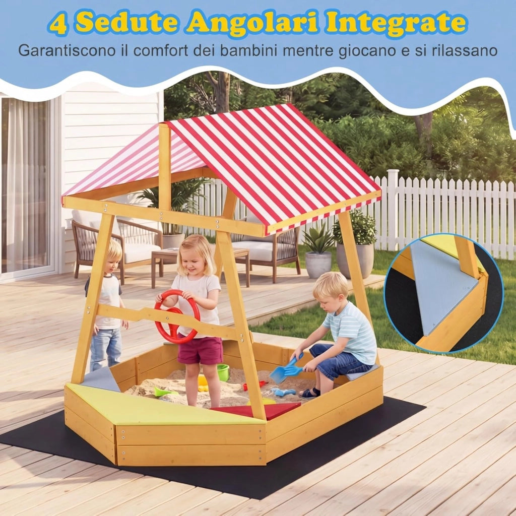 Sabbiera per Bambini in Legno Massello, Sabbionaia con Tetto Parasole, Panca Sedile e Fodera, Forma di Barca, per Esterno, Spiaggia, Cortile e Giardino, 135x103x140 cm