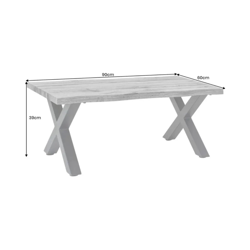Tavolino basso RIVET effetto legno grigio e gambe in metallo nero a X – tavolo design industriale moderno
