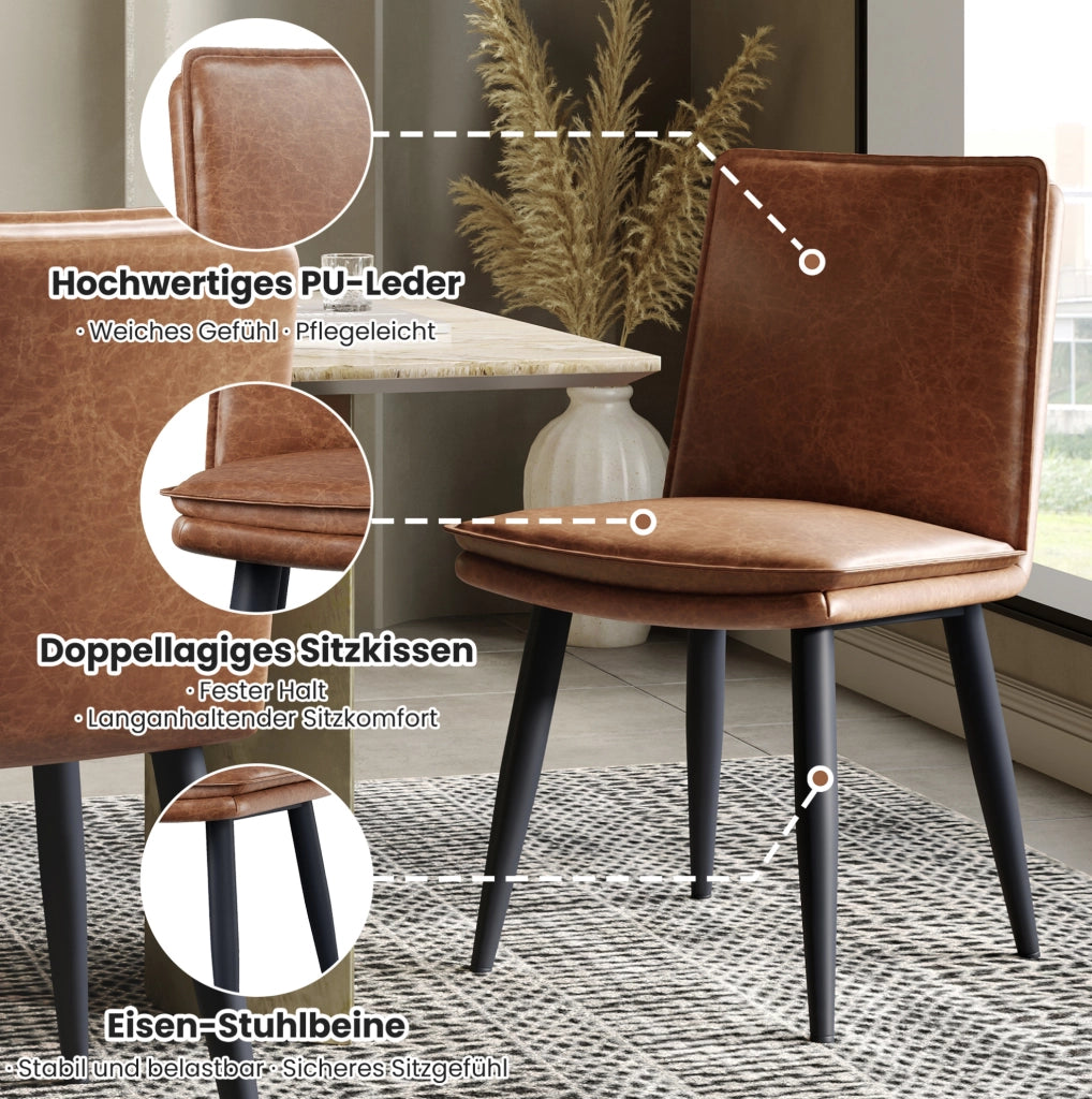 Set di 2 sedie da pranzo moderne in PU marrone con cuscino a doppio strato e gambe in metallo
