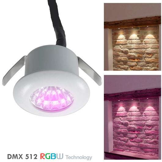 Mini faretto LED RGB RGBW SPOT incasso 25mm 2W 24V sincronizzabile DMX512 punto luce cromoterapia 5 fili RGB+4000K