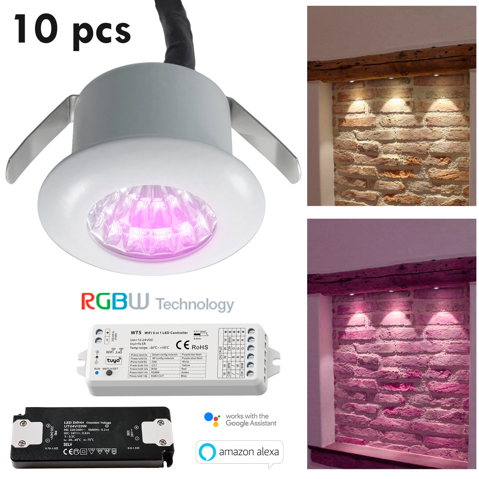 Set 10 PCS Mini faretto LED RGB SPOT incasso 25mm 2W 24V centralina smart WiFi Alexa Google alimentatore LUCE RGBW+4000K