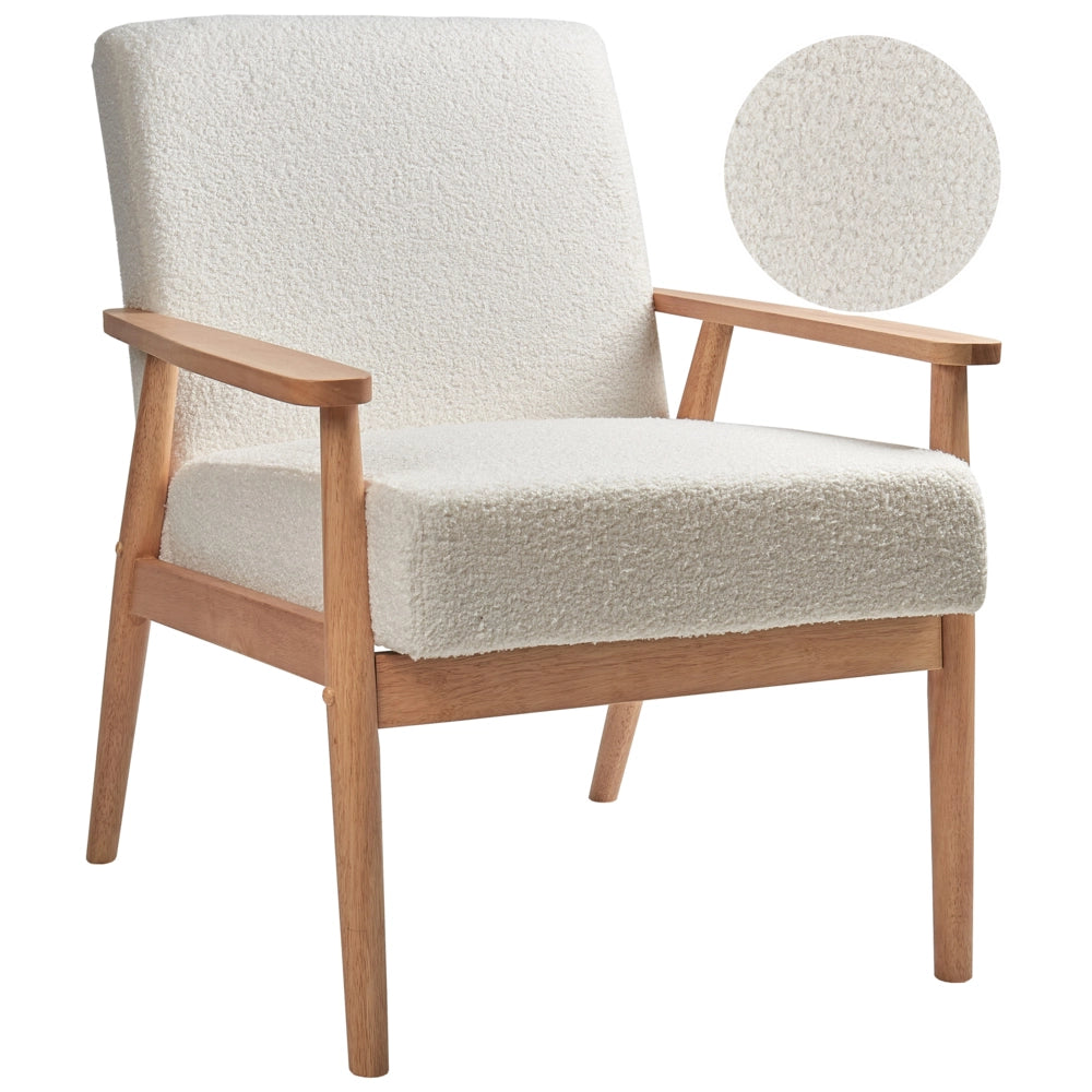 Poltrona Poliestere Boucle Bianco Sporco Rivestimento Retro Design Struttura in legno chiaro Braccioli Soggiorno