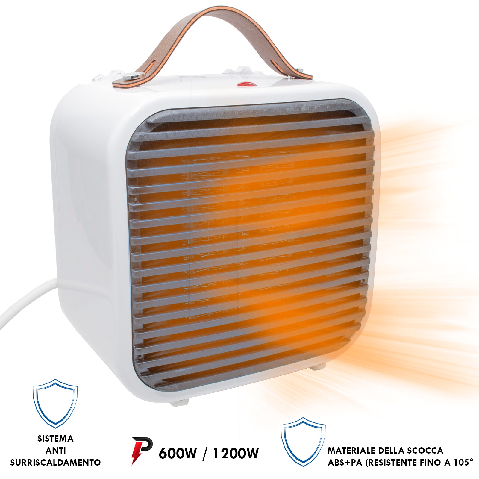 Termoventilatore stufa ventilata stile vintage 1200W basso consumo caldobagno 2 in 1 ventilatore manico pelle 230V