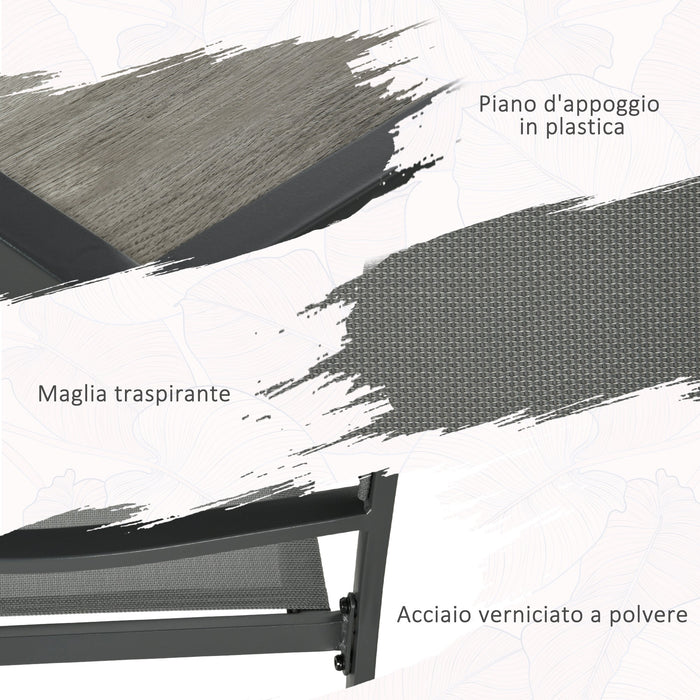 Set Tavolo e 6 Sedie Impilabili da Giardino in Tessuto a Rete e Tavolo Effetto Legno Grigio