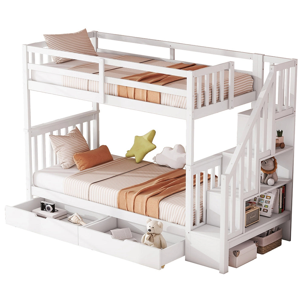 Lit superpos?? per bambini - Xylo - 90x200 cm - Bianco - Con scala e due cassetti