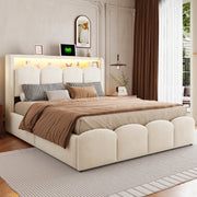 Letto imbottito 140x200 cm con contenitore idraulico e LED in velluto beige