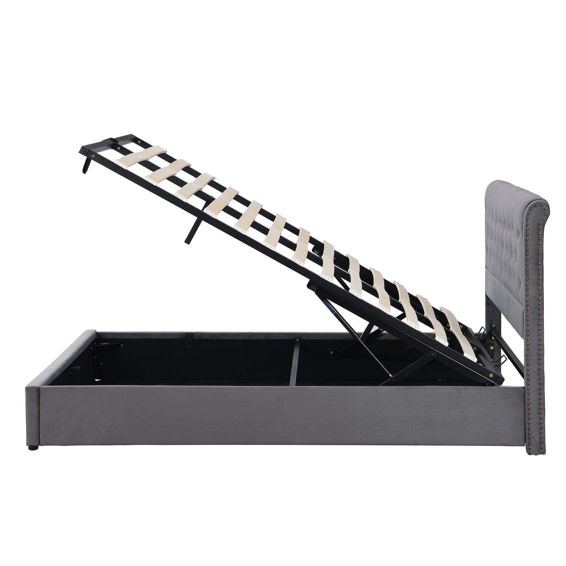 Letto imbottito 140x190 - Xylo - Grigio velluto con meccanismo idraulico