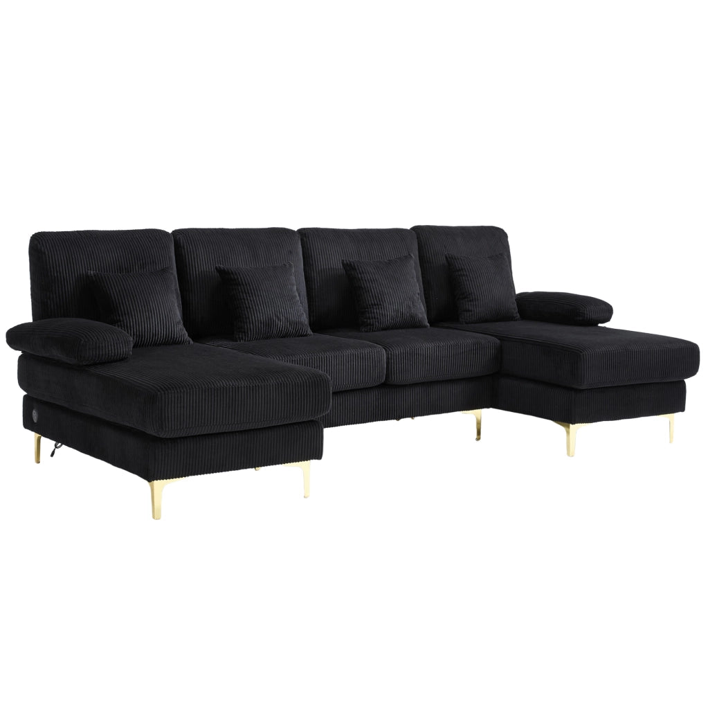 Divano a U 265x135x88 cm con illuminazione LED e porta USB; in velluto nero