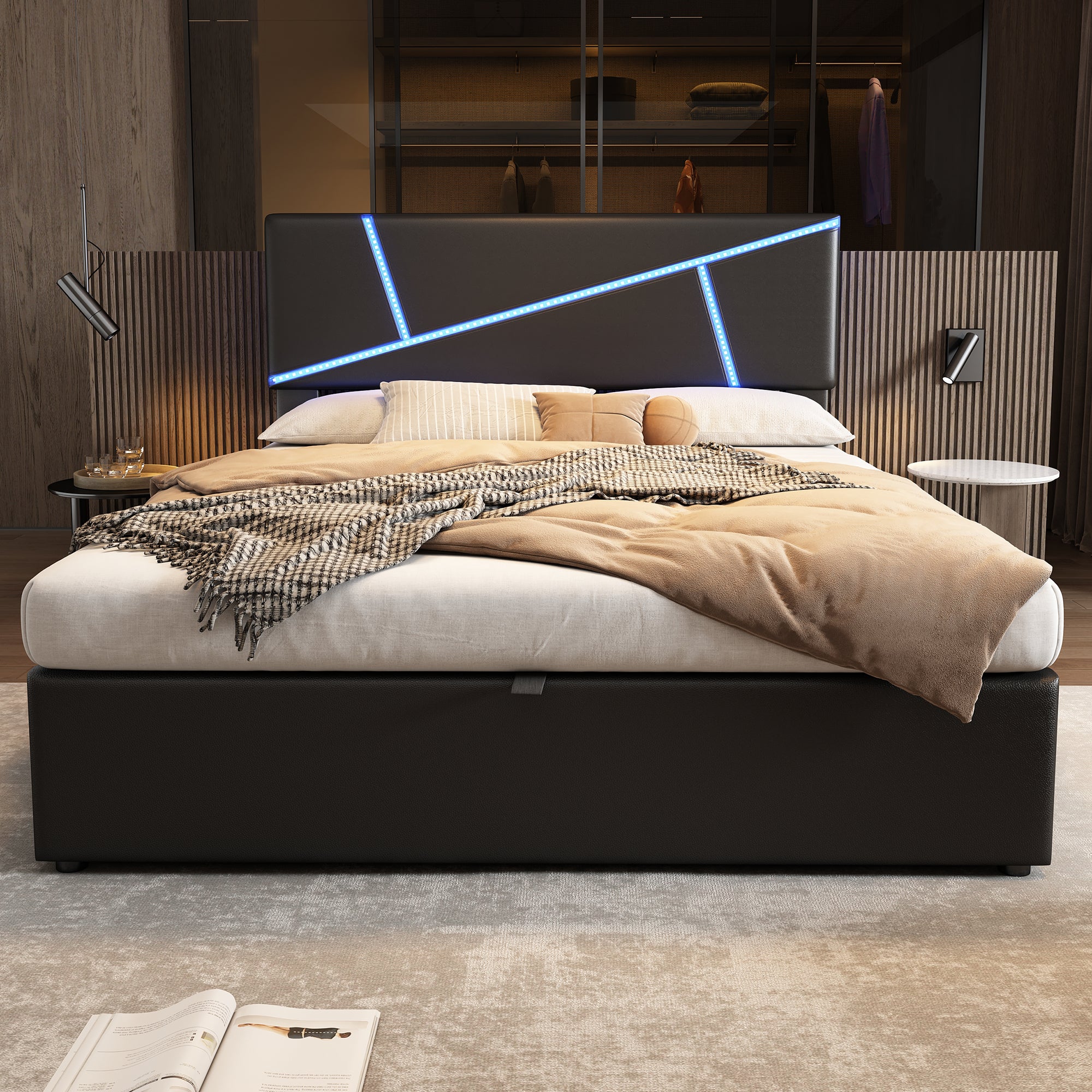 Letto imbottito con LED - Xylo - 140x200 - Pelle ecologica nera