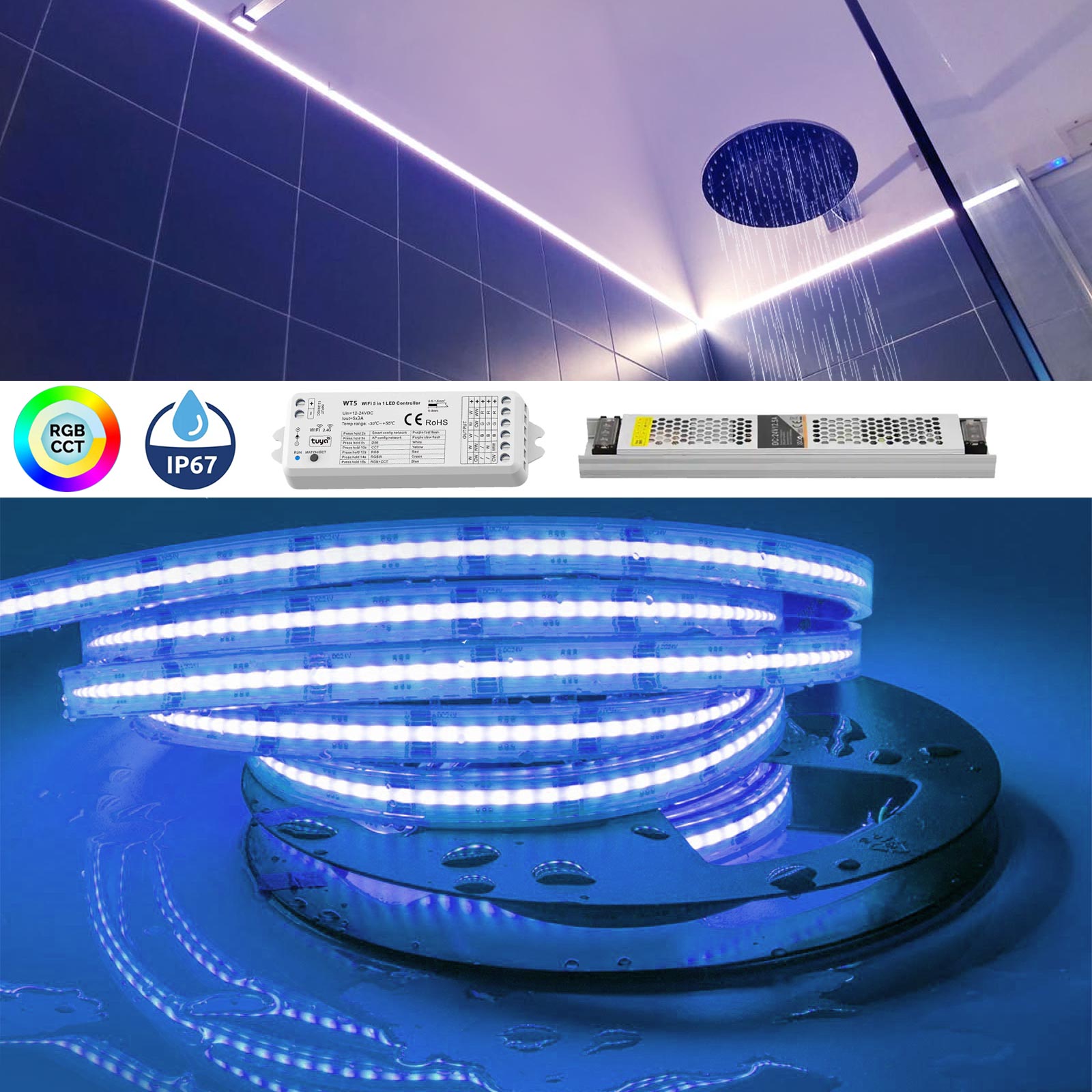 KIT SMART IP67 cromoterapia box doccia LED RGB CCT da 3000K a 6000K bagno turco sauna 24V centralina WiFi Alexa Google