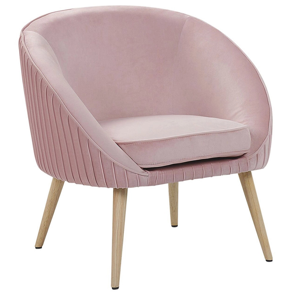 Poltrona Velluto Rosa Braccioli Incassati Gambe In Legno Retrò