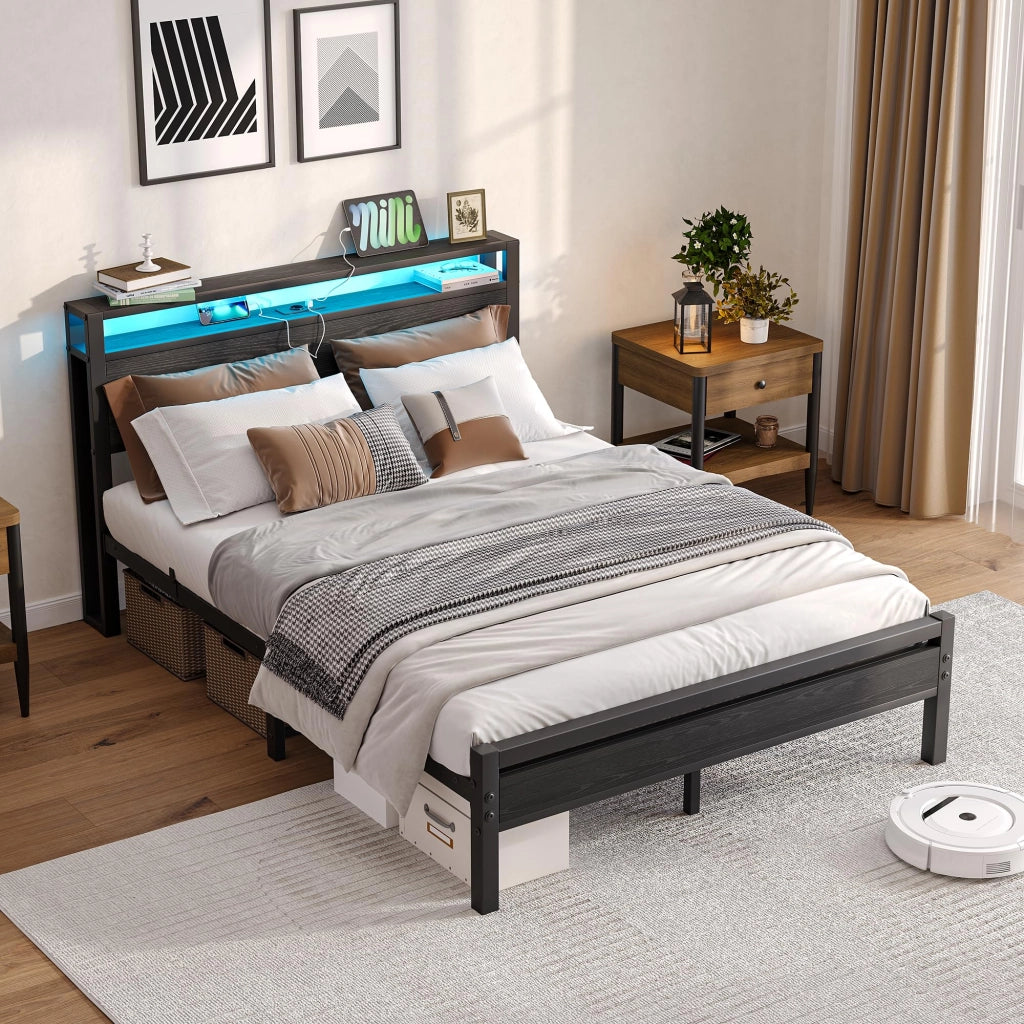 LETTO 140x190 cm con contenitore, USB e LED, MDF e metallo Nero