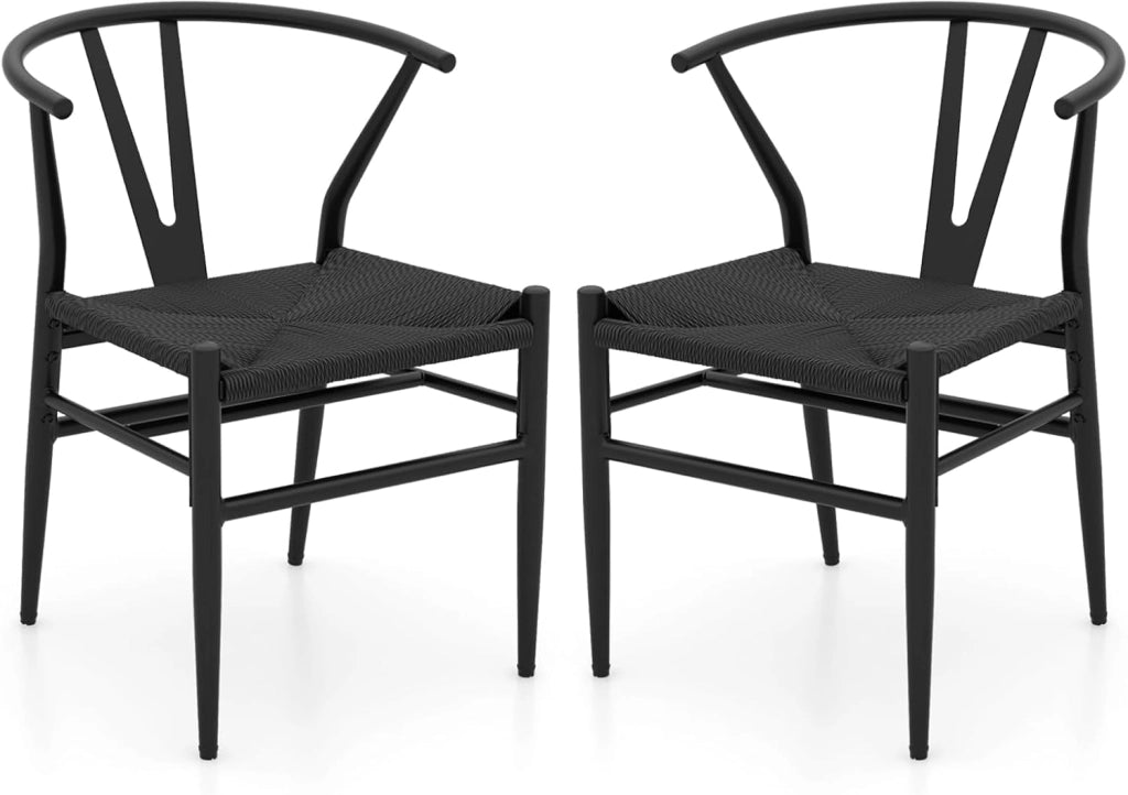 Set di 2 sedie da pranzo impilabili, da cucina, da soggiorno, con schienale e ampia seduta in rattan, portata 150 kg, con gambe in metallo, set di sedie 54 x 59 x 73 cm
