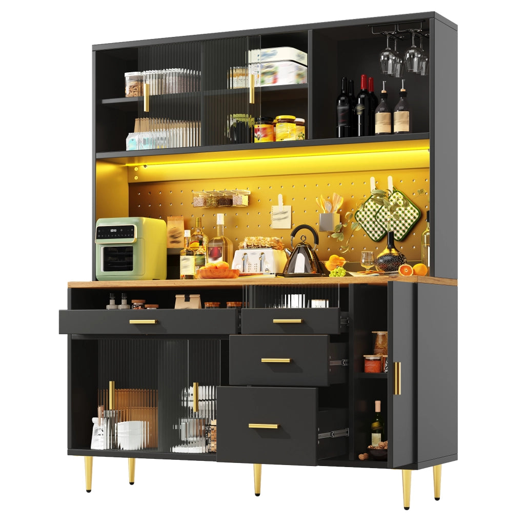 Hochschrank moderno con illuminazione LED e ante scorrevoli in vetro, 145×39×171 cm, nero