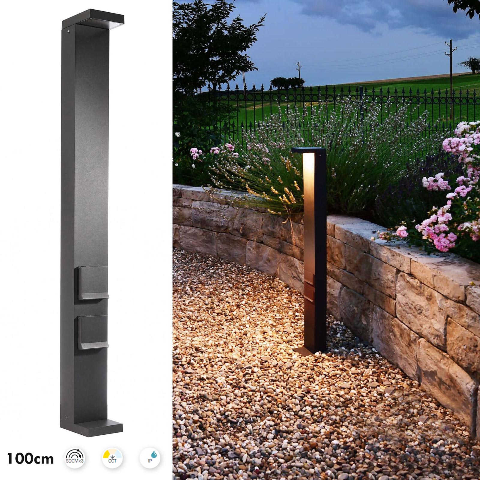 LERNA 1000 Colonnina elettrica multipresa lampione LED 6W CCT 3000K 4000K IP65 2 prese corrente luce giardino garage 230V 100cm