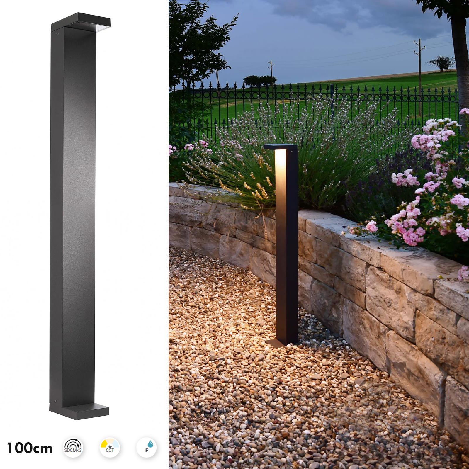 LERNA 1000 Lampione LED 6W CCT 3000K 4000K IP65 da esterno palo luminoso luce giardino viale sentiero 230V 100cm