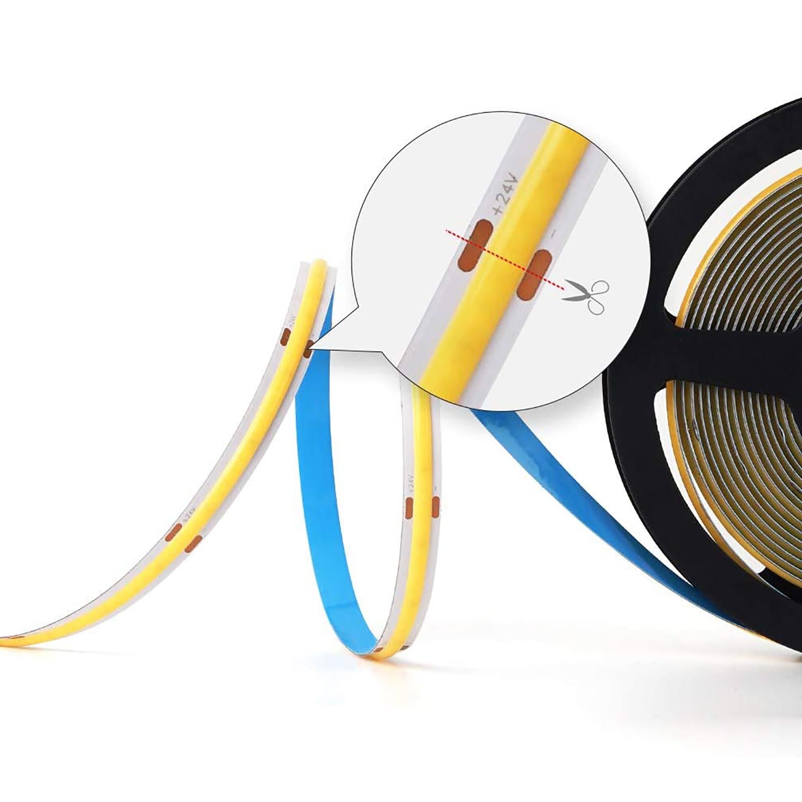 Tira LED Flexible LINEAL COB 24V luz continua lama 12W/m perfiles barras 1080lm/m BOBINA 50 metros con conectores 6000K