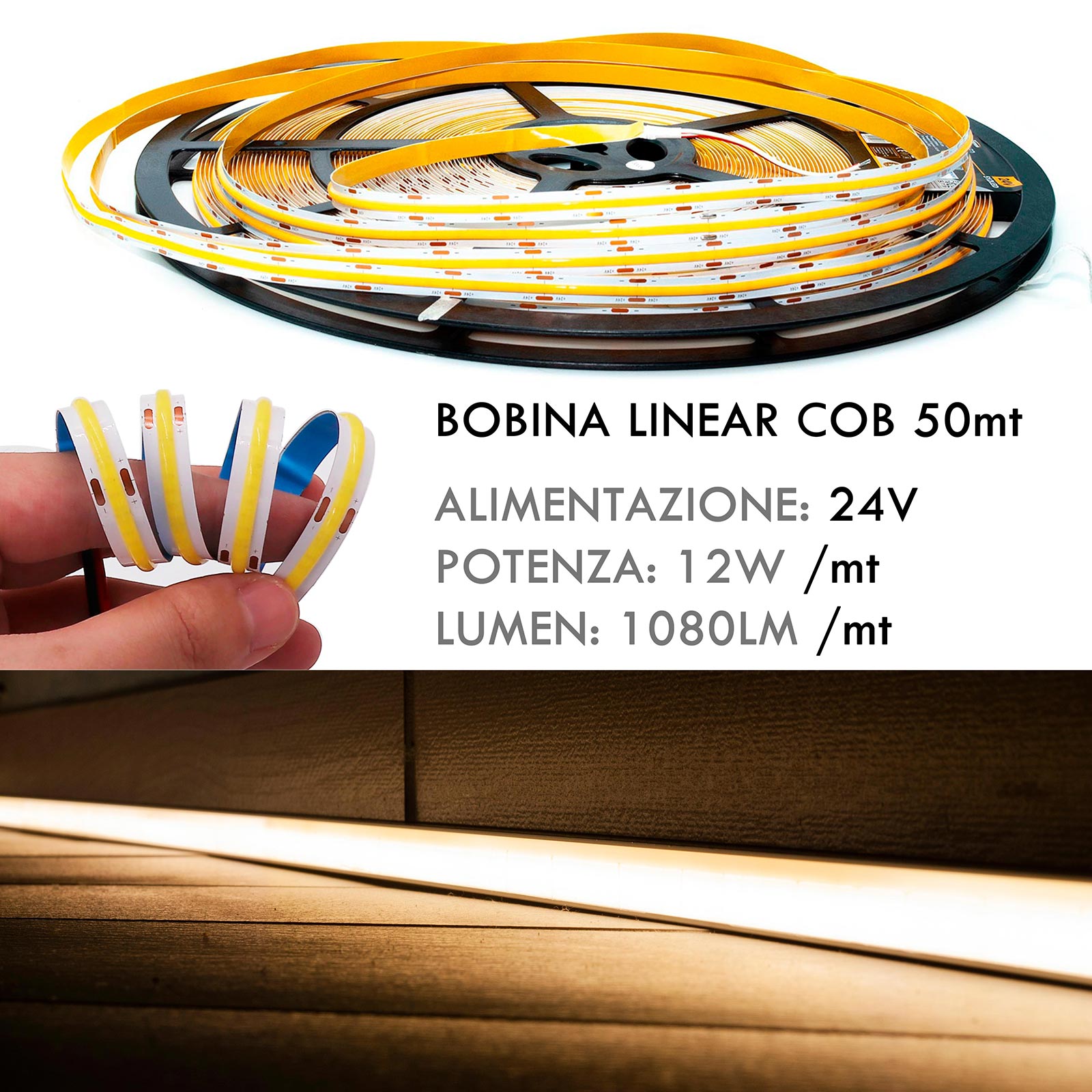 Tira LED Flexible LINEAL COB 24V luz continua lama 12W/m perfiles barras 1080lm/m BOBINA 50 metros con conectores 6000K