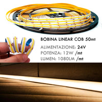 Tira LED Flexible LINEAL COB 24V luz continua lama 12W/m perfiles barras 1080lm/m BOBINA 50 metros con conectores 6000K