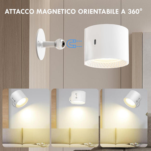 Applique da parete magnetico ricaricabile USB doppio LED 5W CCT dimmerabile lampada lettura orientabile senza fili luce comodino BIANCO
