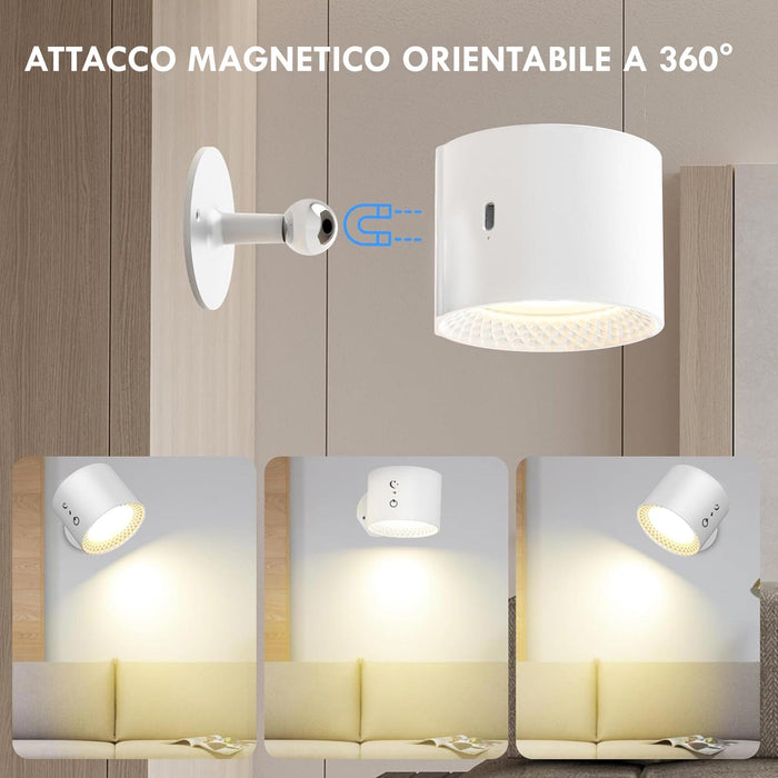 Applique da parete magnetico ricaricabile USB doppio LED 5W CCT dimmerabile lampada lettura orientabile senza fili luce comodino BIANCO