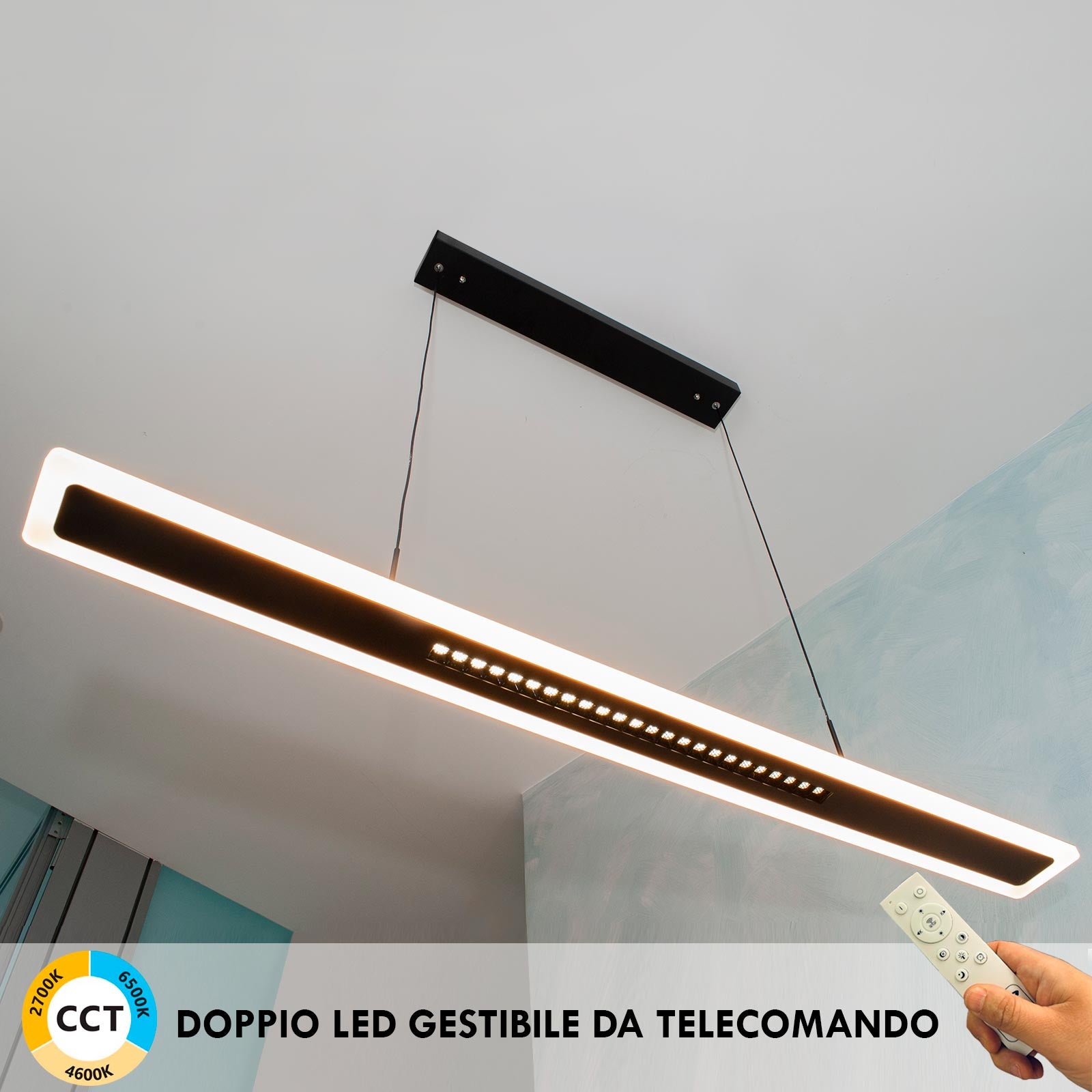 Lampadario moderno ufficio lampada pendente LED 70W CCT doppio LED con telecomando luce dimmerabile sospensione studio 230V NERO
