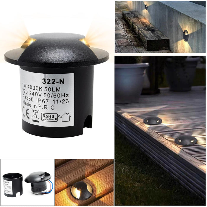 Mini faretto calpestabile nero incasso radente 2 luci IP67 LED 1W doppia finestra basso consumo segnapassi giardino viale 230V 3000K