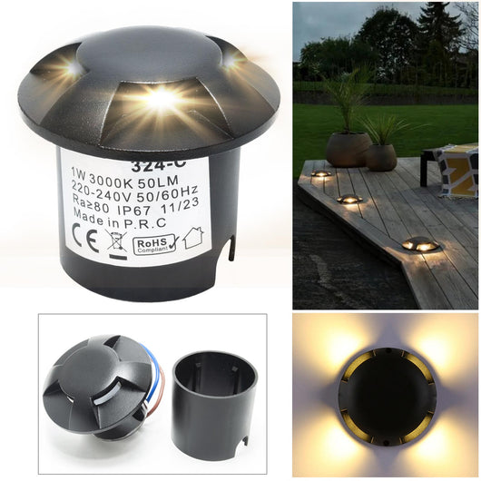 Mini faretto incasso calpestabile radente 4 finestre IP67 LED 1W basso consumo segnapassi nero luce giardino viale 230V 4000K