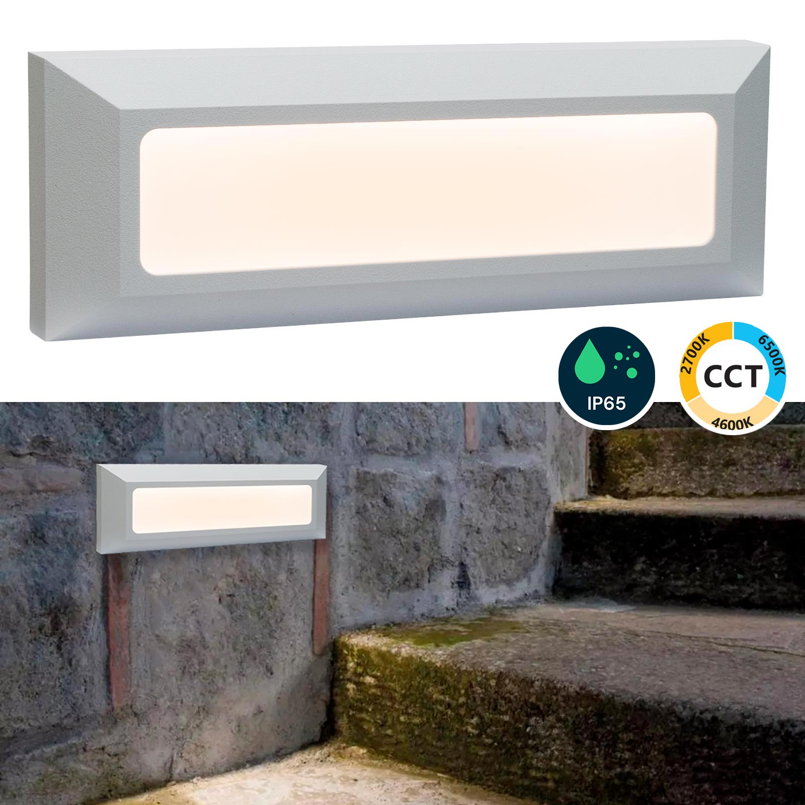 Faretto segnapassi esterno LED 6W CCT lampada bianca rettangolare parete muro IP65 switch 3 temperature luce garage scale 230V